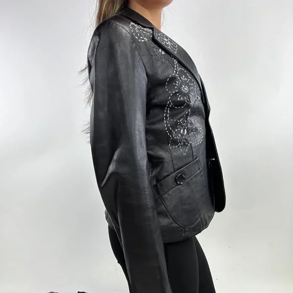 Rare 90s style floral embroidered leather jacket blazer - Picture 2 of 8